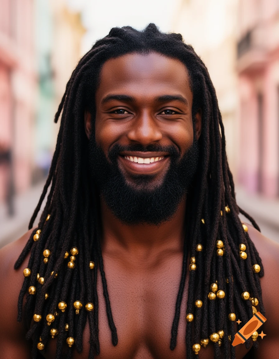 Photorealistic portrait of a smiling dark-skinned man with a beard, long dreadlocks, and gold beads, against a blurred street background.