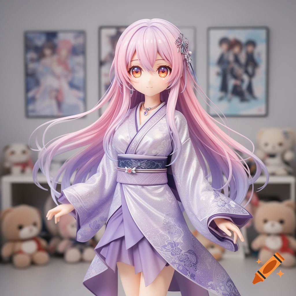 An anime girl figurine with long pink-purple hair and orange eyes, wearing a purple kimono, in a room with blurred posters and teddy bears.