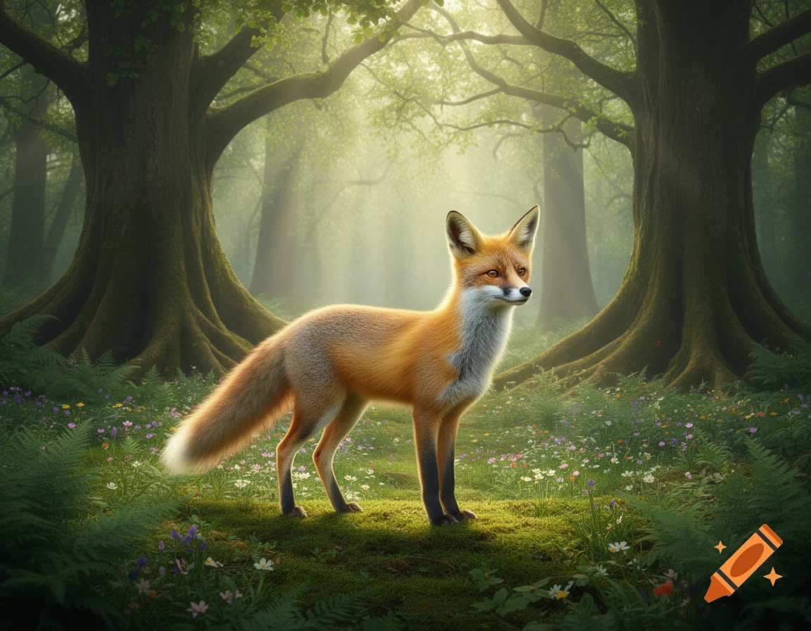 A photorealistic fox stands in a mystical, mossy forest with large trees and wildflowers, bathed in a soft glow.