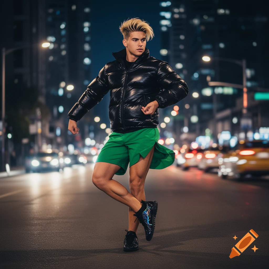A buff blonde man in a black puffer jacket, green shorts, and black shoes dances on a city street at night with blurred car lights.