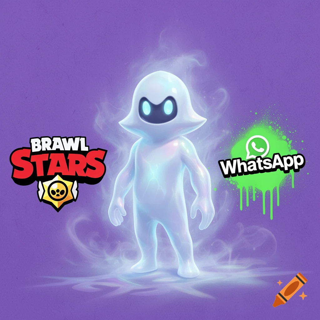 A white ghost character with glowing blue eyes stands on a purple background, flanked by the Brawl Stars logo on the left and a green WhatsApp spray logo on the right.