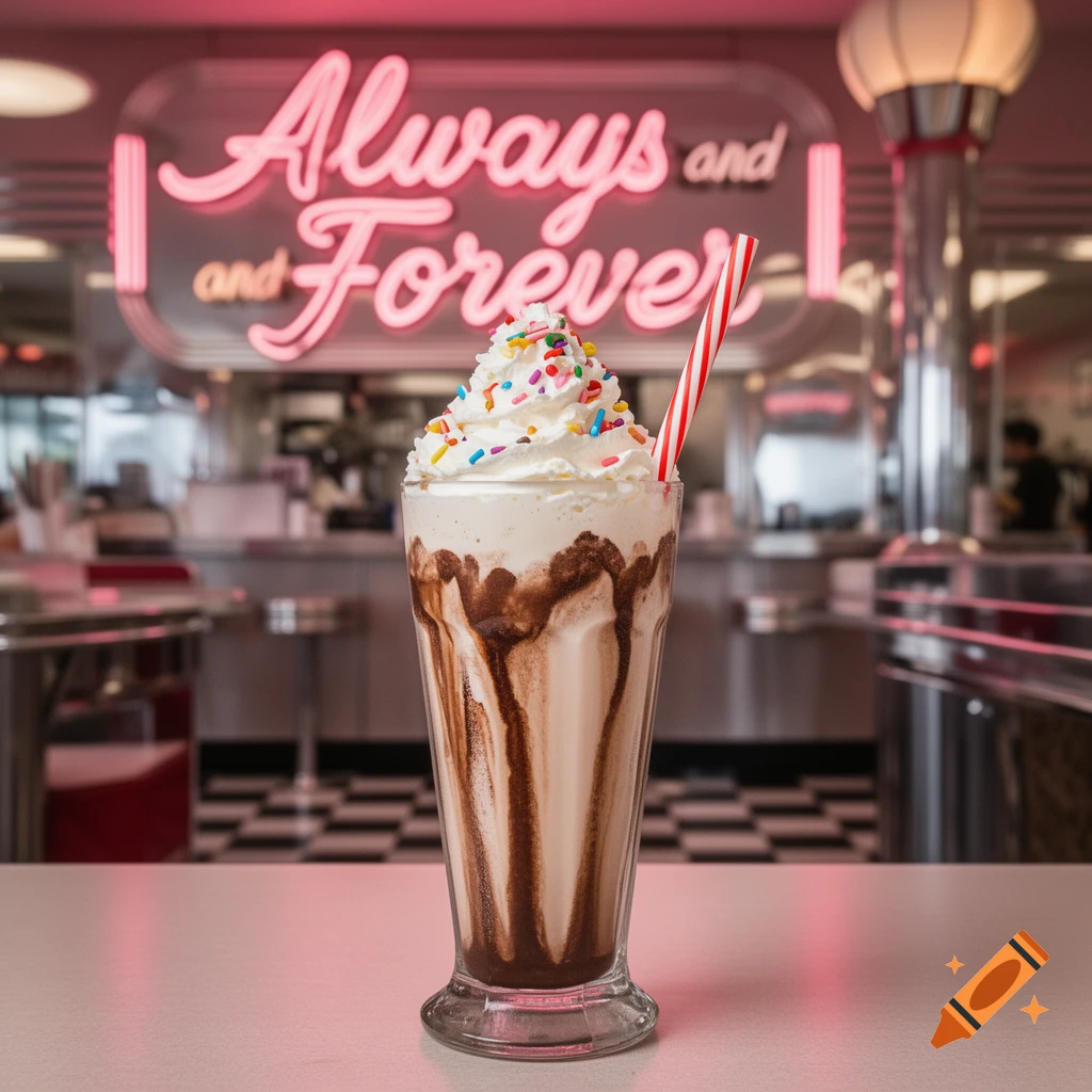 A vanilla milkshake with chocolate syrup, whipped cream, and sprinkles in a diner with a pink neon sign that reads "Always and Forever" in the background.