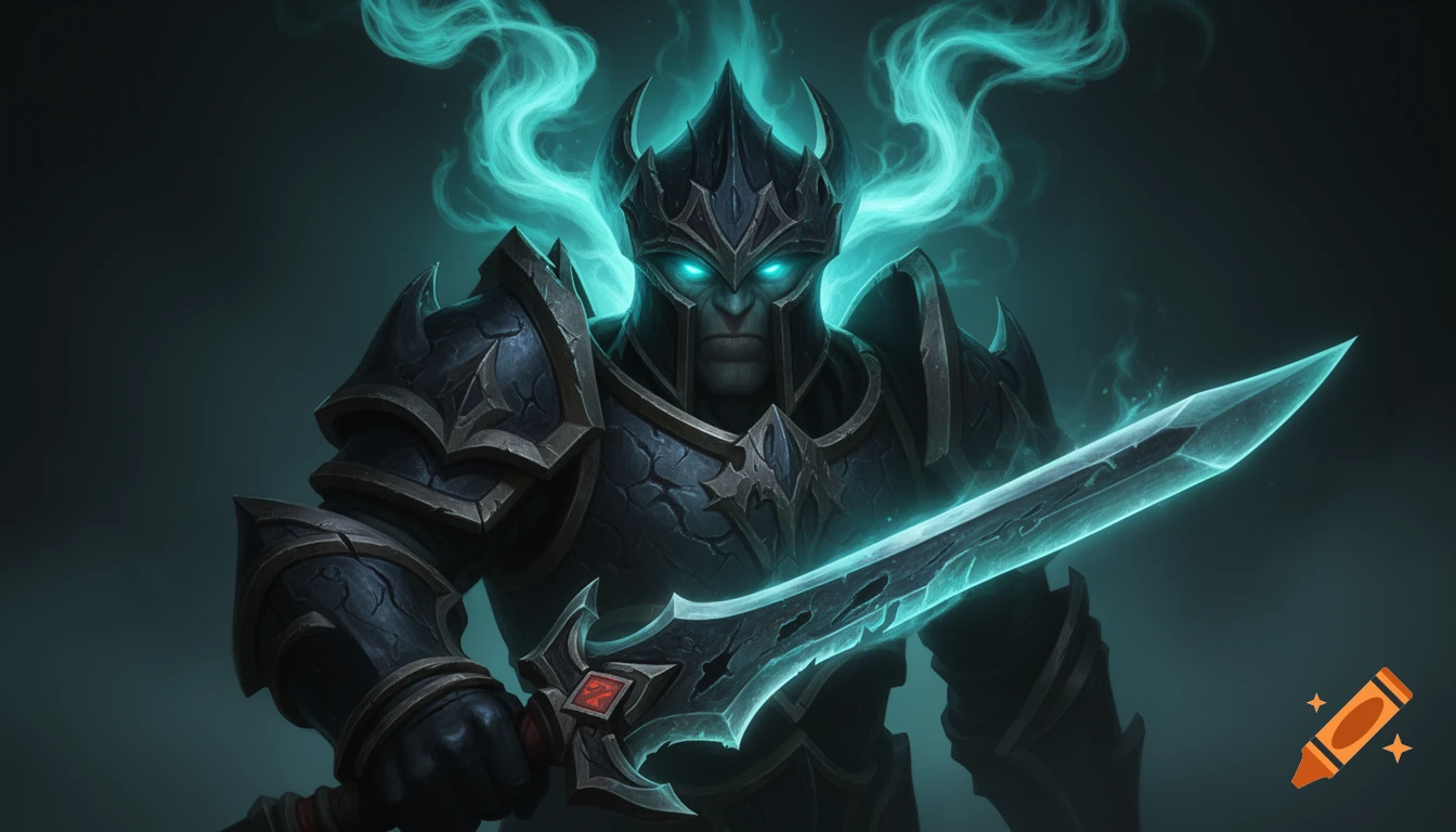 Close-up of an armored fantasy character with glowing blue eyes and cyan mist, holding a glowing broadsword.