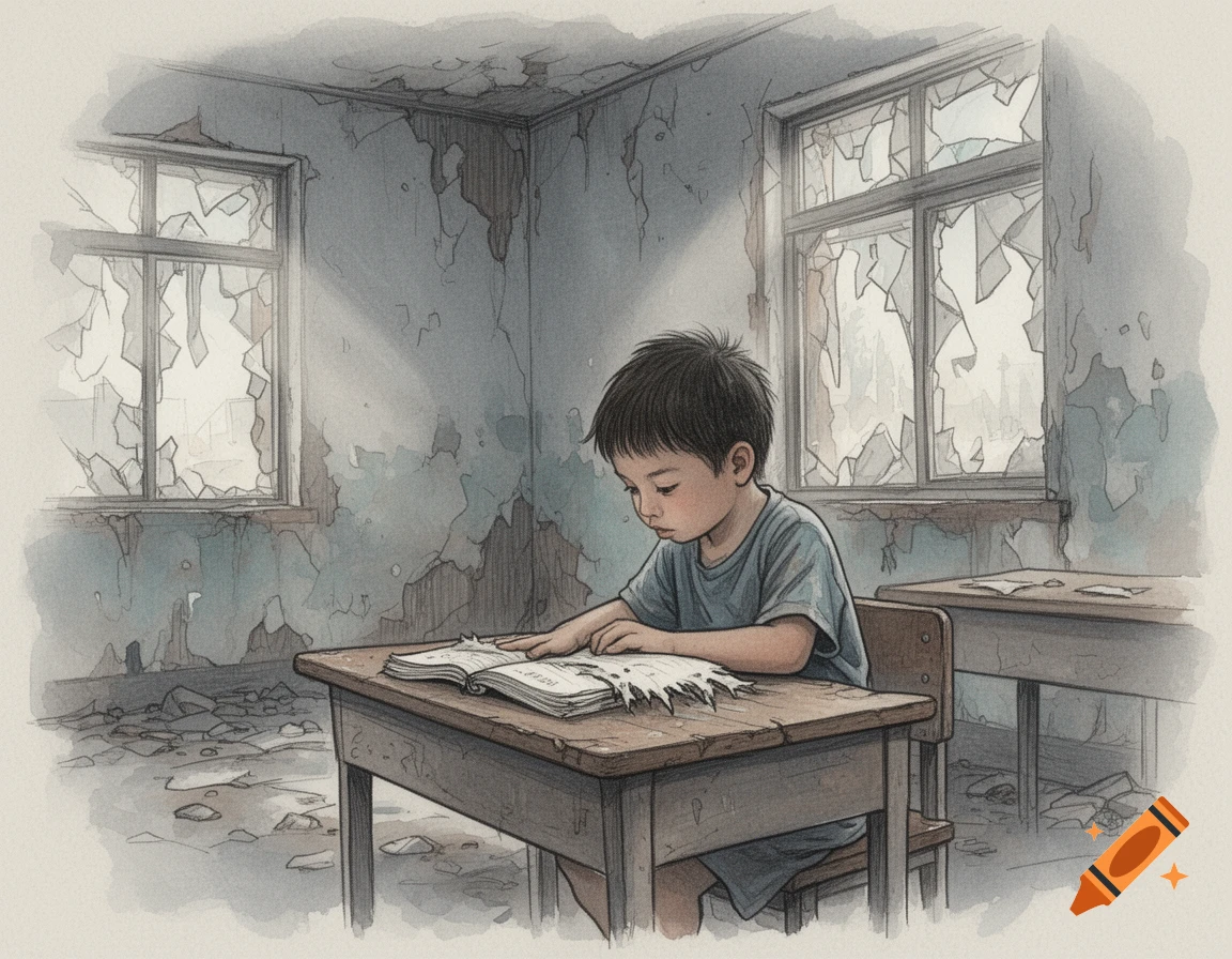 Watercolor sketch of a child reading a torn notebook at a worn desk in a crumbling schoolroom with broken windows.
