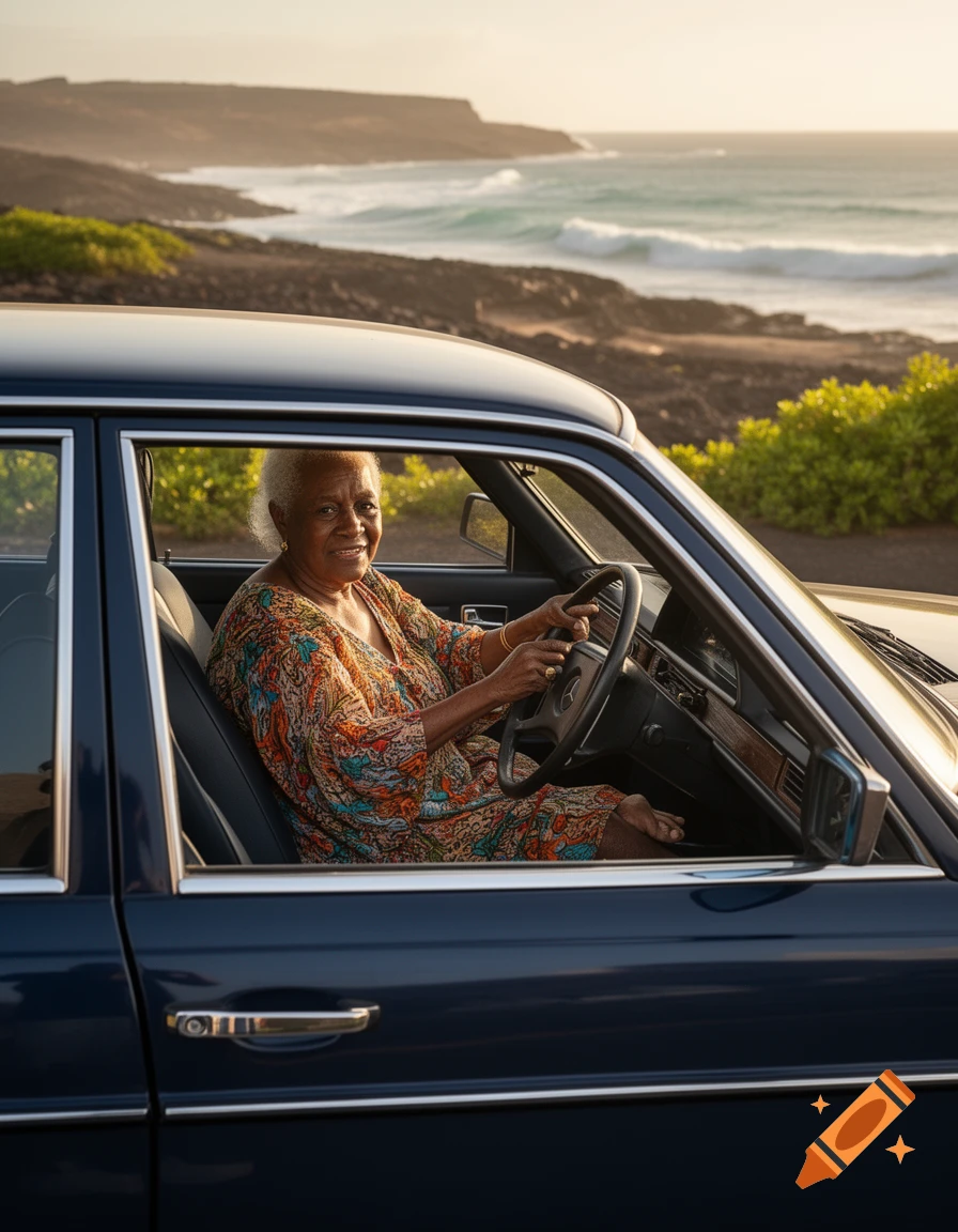 An elderly woman with white hair smiles from the driver's seat of a blue Mercedes, parked by a rocky coast with ocean waves.