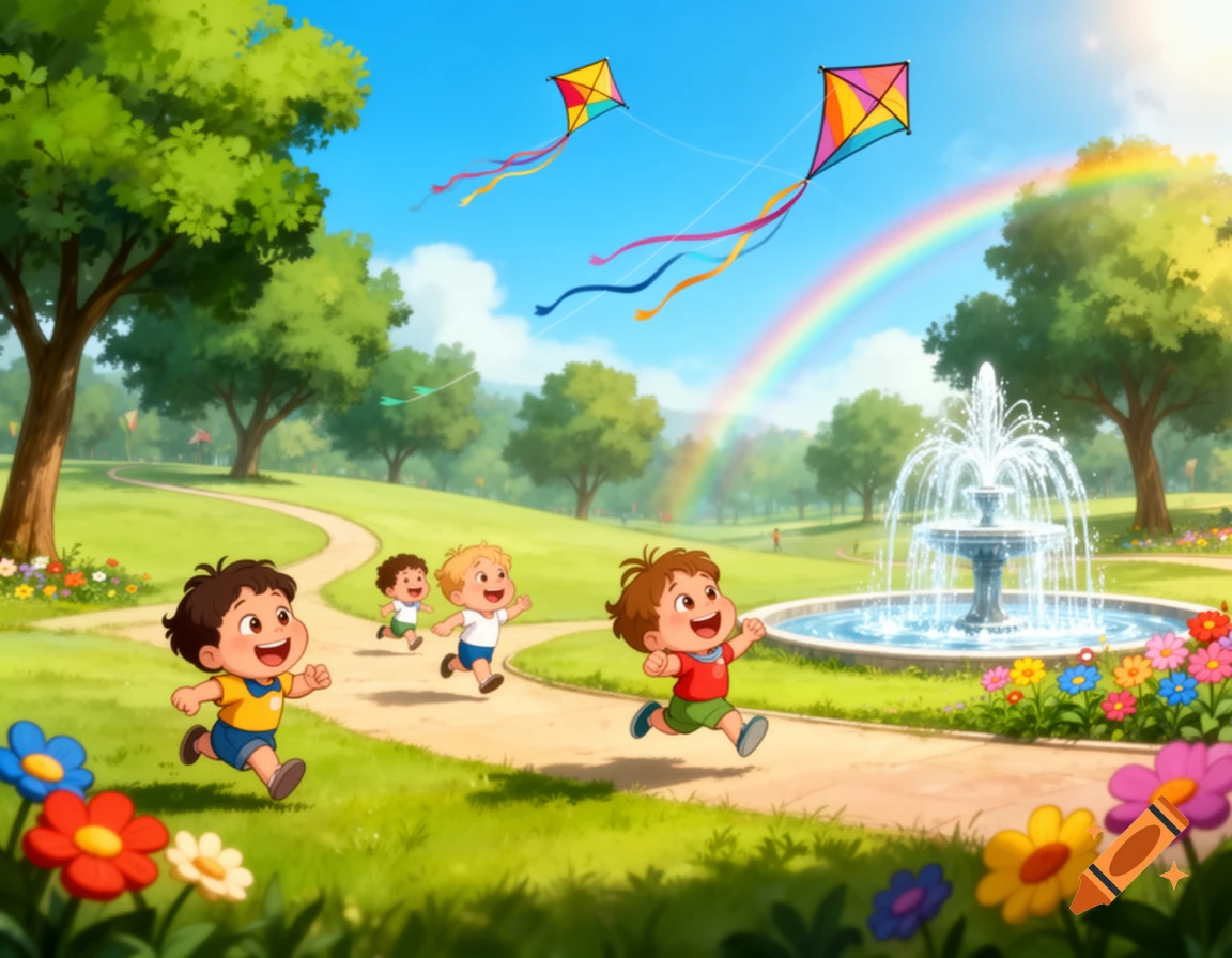 Animated illustration of happy children running in a sunny park with colorful kites, a rainbow, and a fountain.