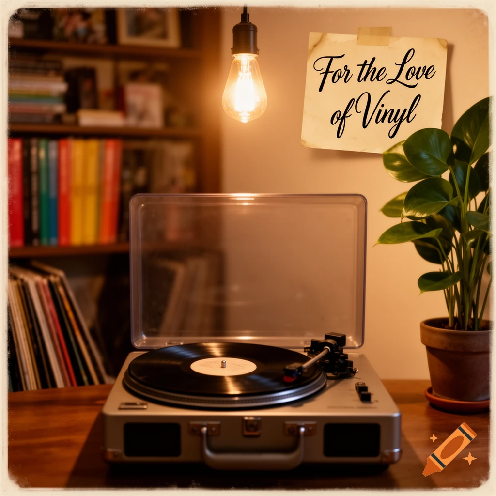 A vintage turntable plays a vinyl record on a wooden table, illuminated by a hanging bulb. A note 'For the Love of Vinyl' and a plant are in the background.