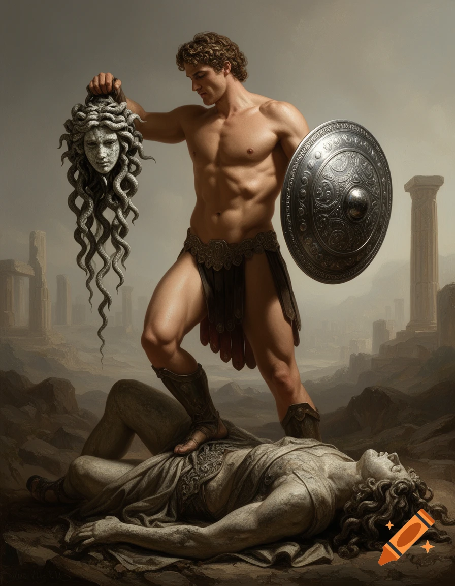 Perseus, a muscular man, stands holding the severed, snake-haired head of Medusa, his foot on her petrified body amidst ancient ruins.