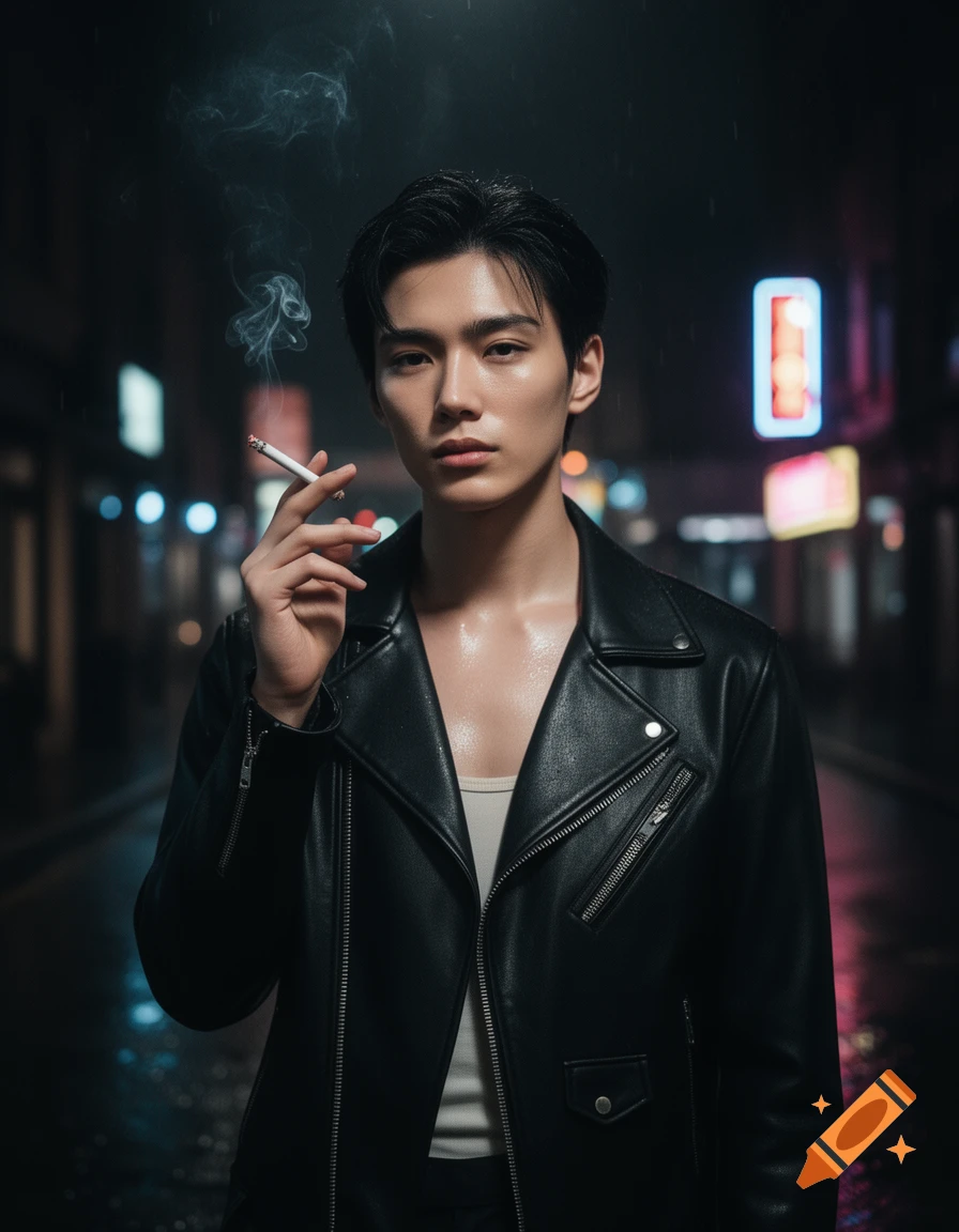 A young man in a black leather jacket, holding a lit cigarette, stands on a wet urban street at night with neon lights in the background.