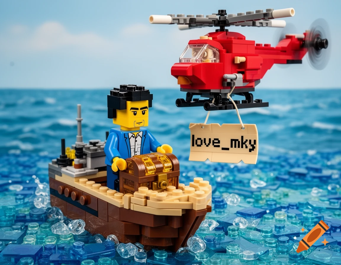 Lego figure in blue suit on brown boat with treasure chest, red Lego helicopter flies overhead with 'love_mky' sign over blue water.
