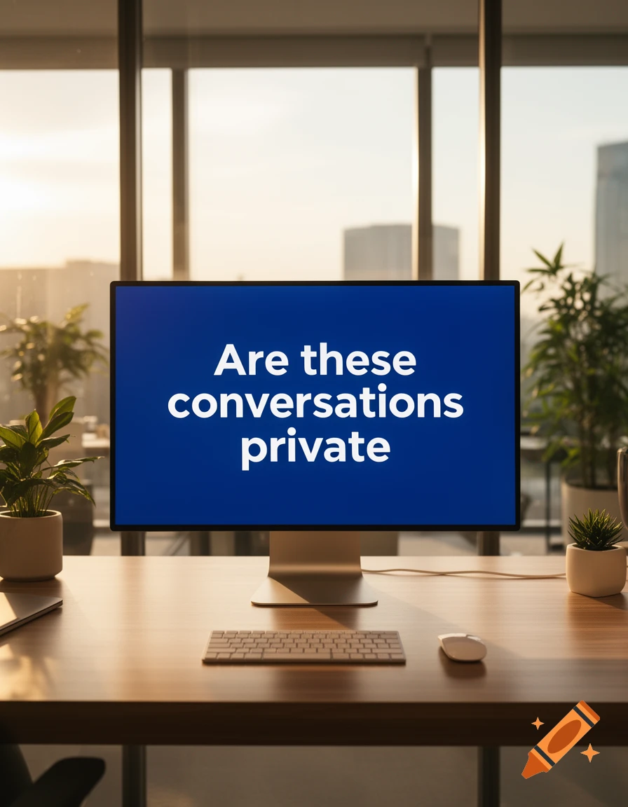 An office desk with a computer monitor displaying 'Are these conversations private' in a bright office.