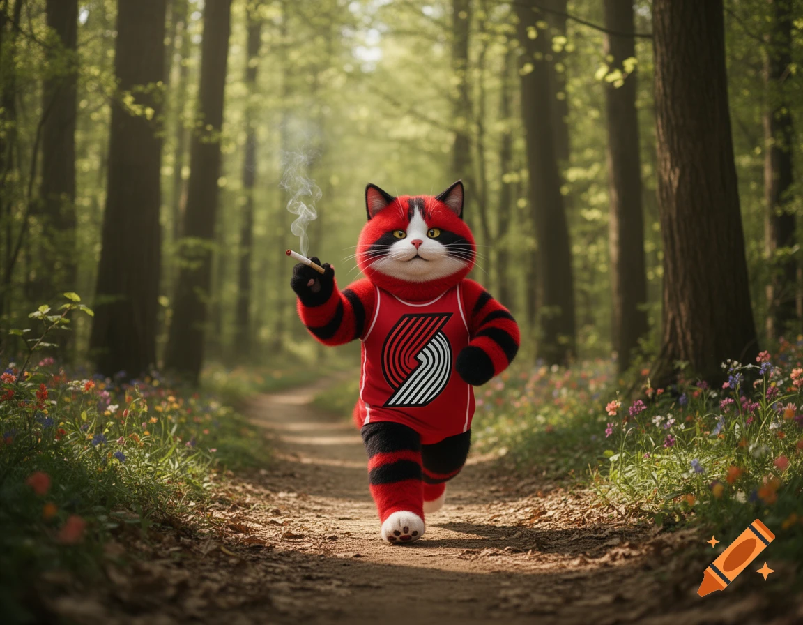 A photorealistic cat mascot with red, white, and black fur walks on a forest path, holding a smoking cigarette.