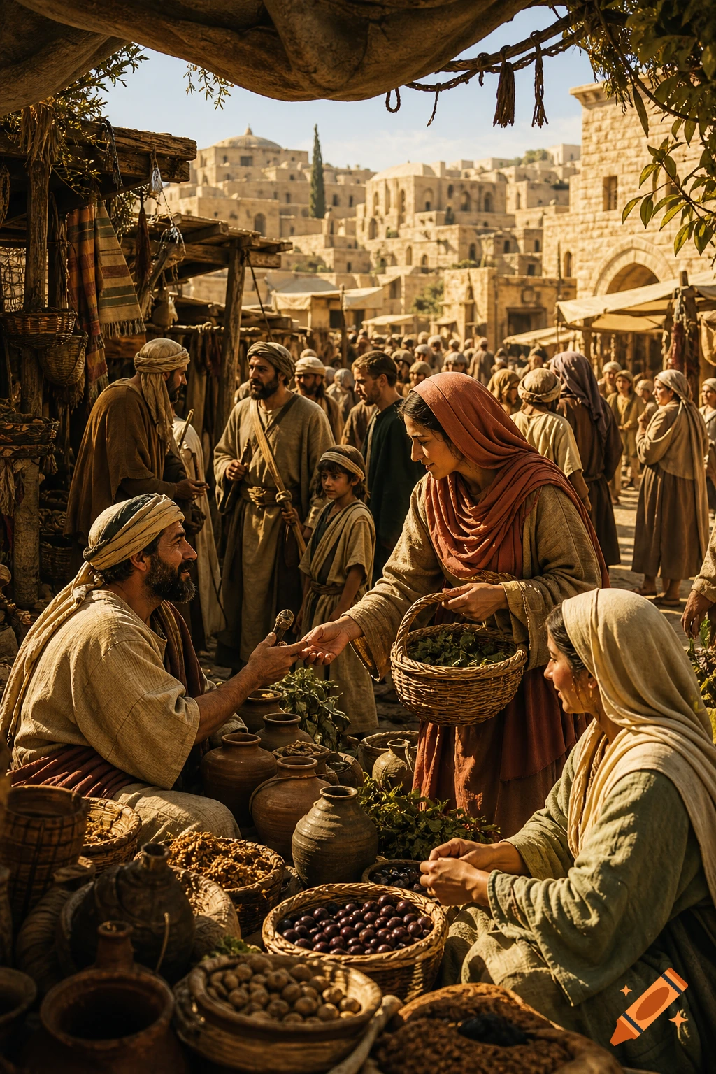A photorealistic image of a bustling ancient marketplace with people in robes, baskets of goods, and stone buildings in the background.