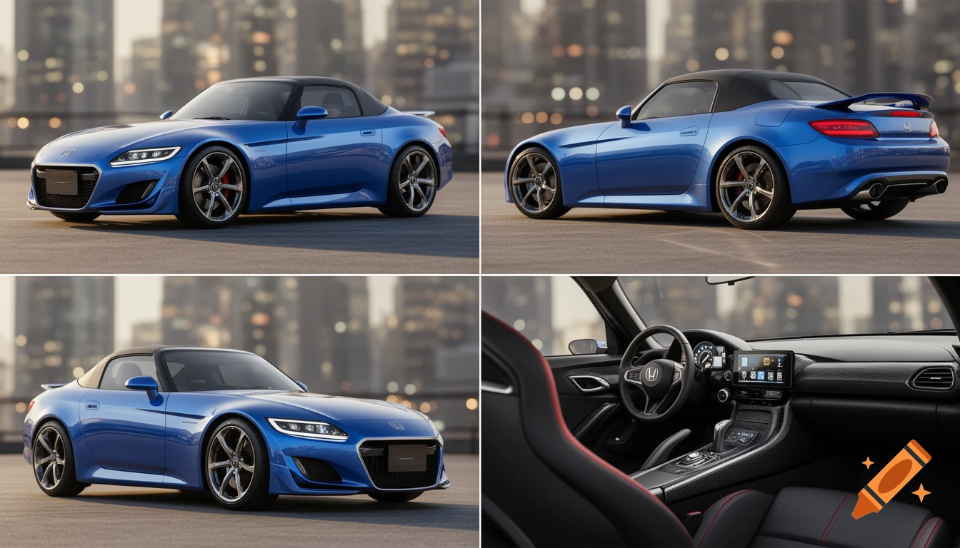 Multiple views of a modern blue Honda S2000 convertible, featuring exterior shots and a detailed interior, in a photorealistic style.