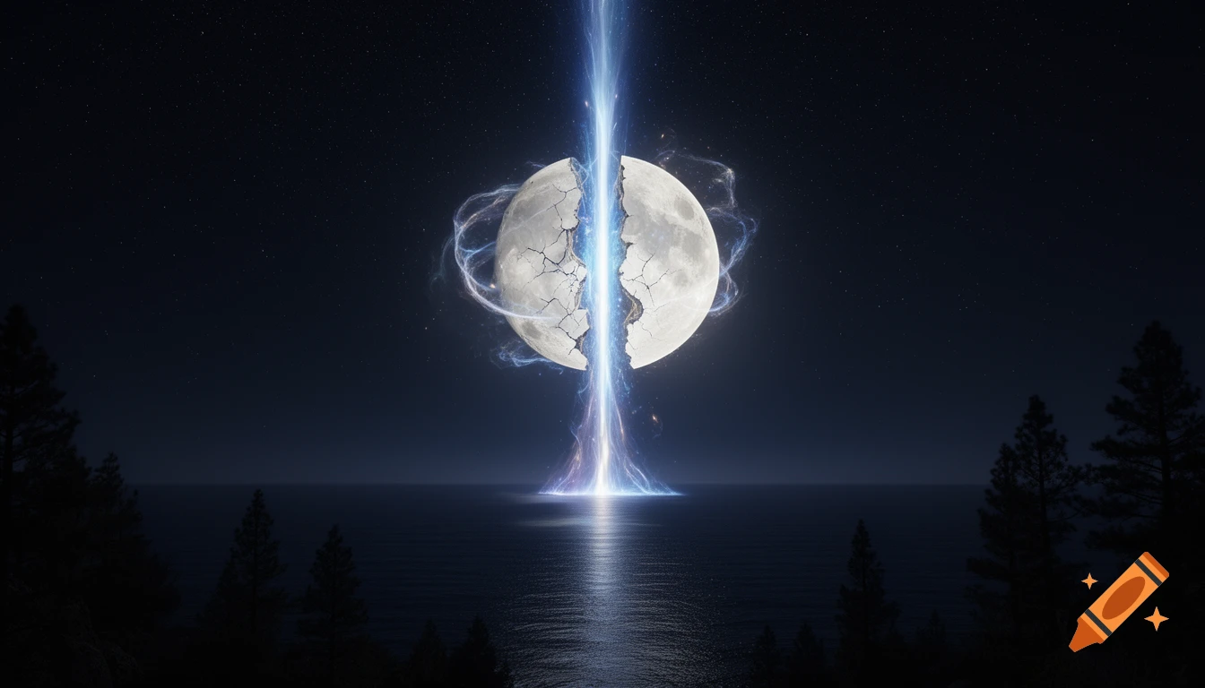 A cracked full moon in a starry night sky, split by a vibrant blue and purple beam of magic light, reflecting on calm dark water with silhouetted trees.
