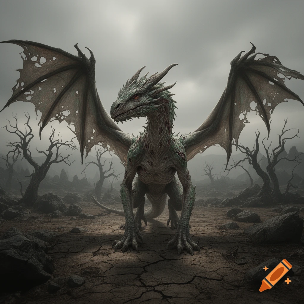 A sickly, green dragon with tattered wings stands on cracked earth surrounded by dead trees under a gloomy sky in a photorealistic style.