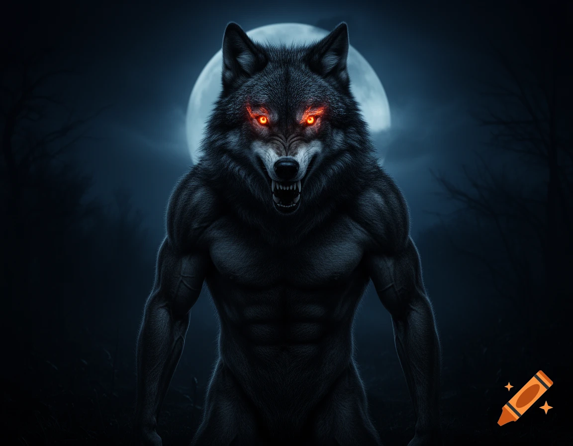A muscular, dark-furred werewolf with glowing red eyes snarls against a full moon in a dark forest, fantasy illustration.