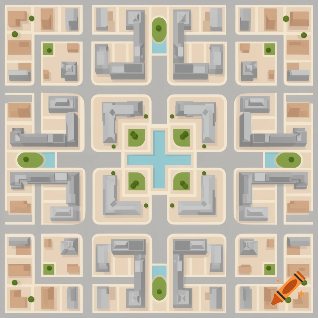 A stylized isometric top-down view of a town with grey buildings, roads, green spaces, and blue water features.