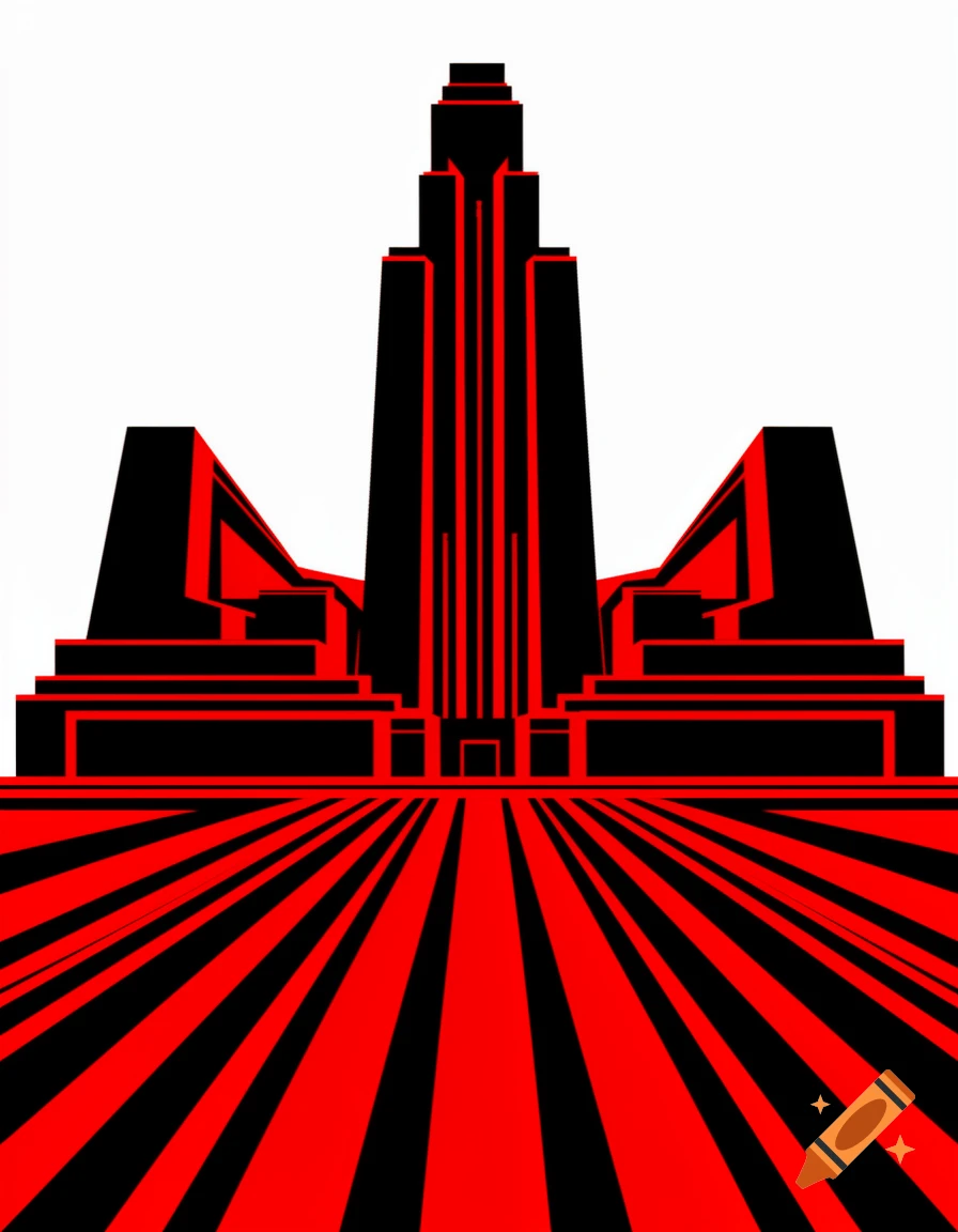 Stylized black and red geometric abstract architecture with a tall central tower and radiating lines.