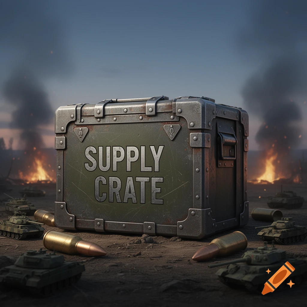 Military supply crate with 'SUPPLY CRATE' text surrounded by miniature tanks and bullets on a smoky battlefield with explosions.
