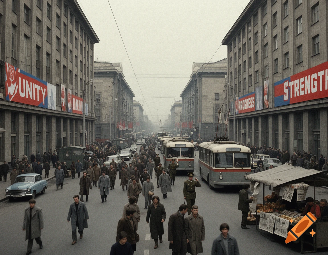 A busy, wide street in a gray city, lined with large, somber buildings and crowded with pedestrians, cars, and trolleybuses. Red banners displaying "UNITY," "PROGRESS," and "STRENGTH" hang from the buildings. A market stall is visible on the right.