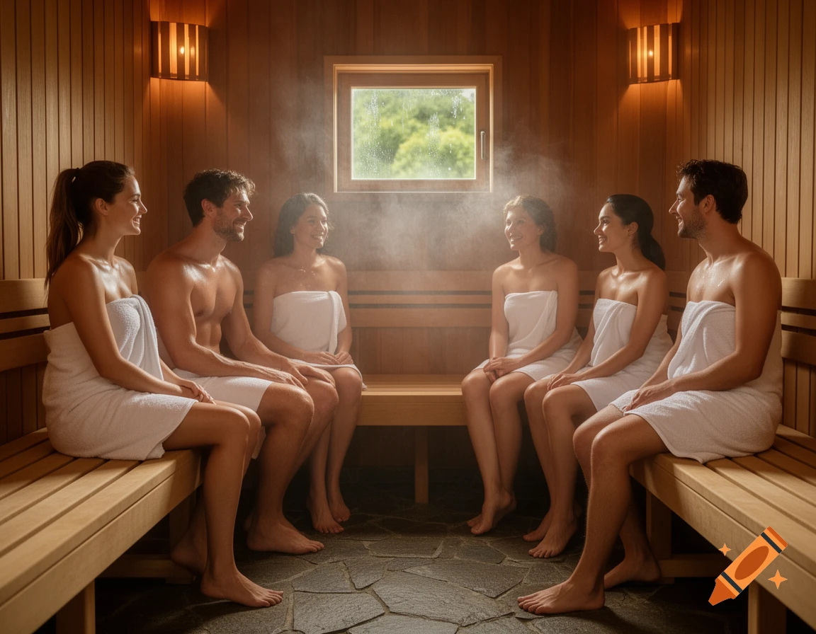 Six friends smiling and relaxing in a steamy wooden sauna with a window.