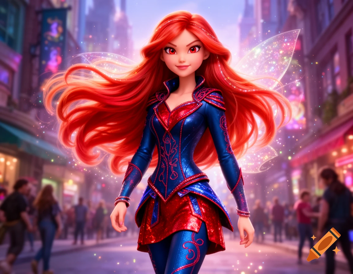 Animated fantasy woman with long red hair, red eyes, and sparkly wings, wearing a blue and red suit, walking on a city street.