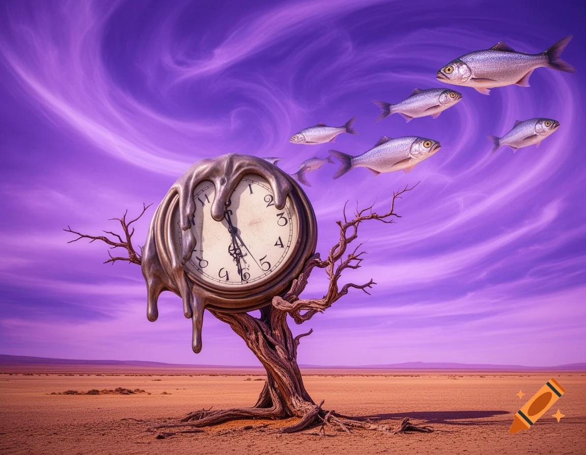 A surreal desert scene with a melting clock hanging from a bare tree, while silver fish swim through a vibrant purple, swirling sky.