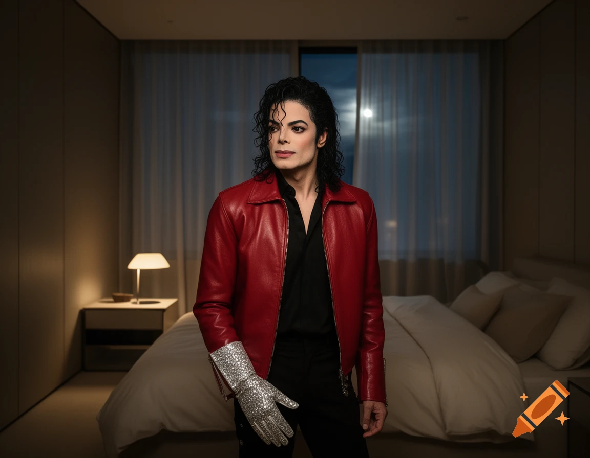 Michael Jackson in a red leather jacket and sparkly silver glove stands in a modern, dimly lit bedroom.