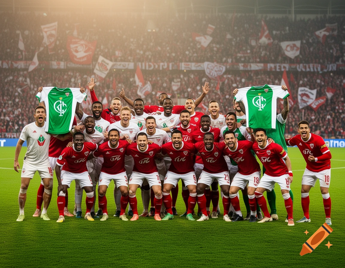 A celebratory soccer team in red and white uniforms, some holding up green and white jerseys, pose for a photo on a green field in a crowded stadium. Photorealistic style.