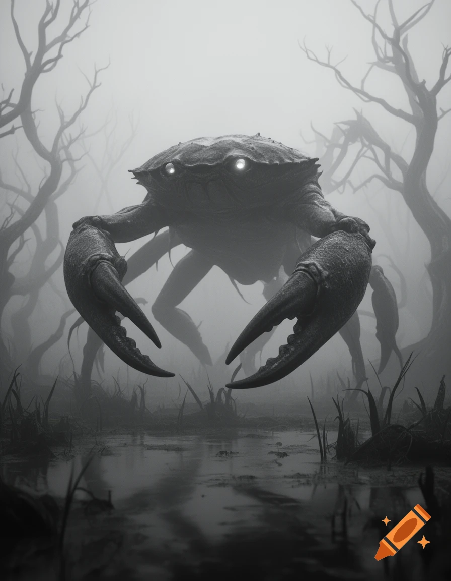 A giant, menacing crab-like monster with glowing eyes stands in a shallow, foggy greyscale swamp with gnarled trees.