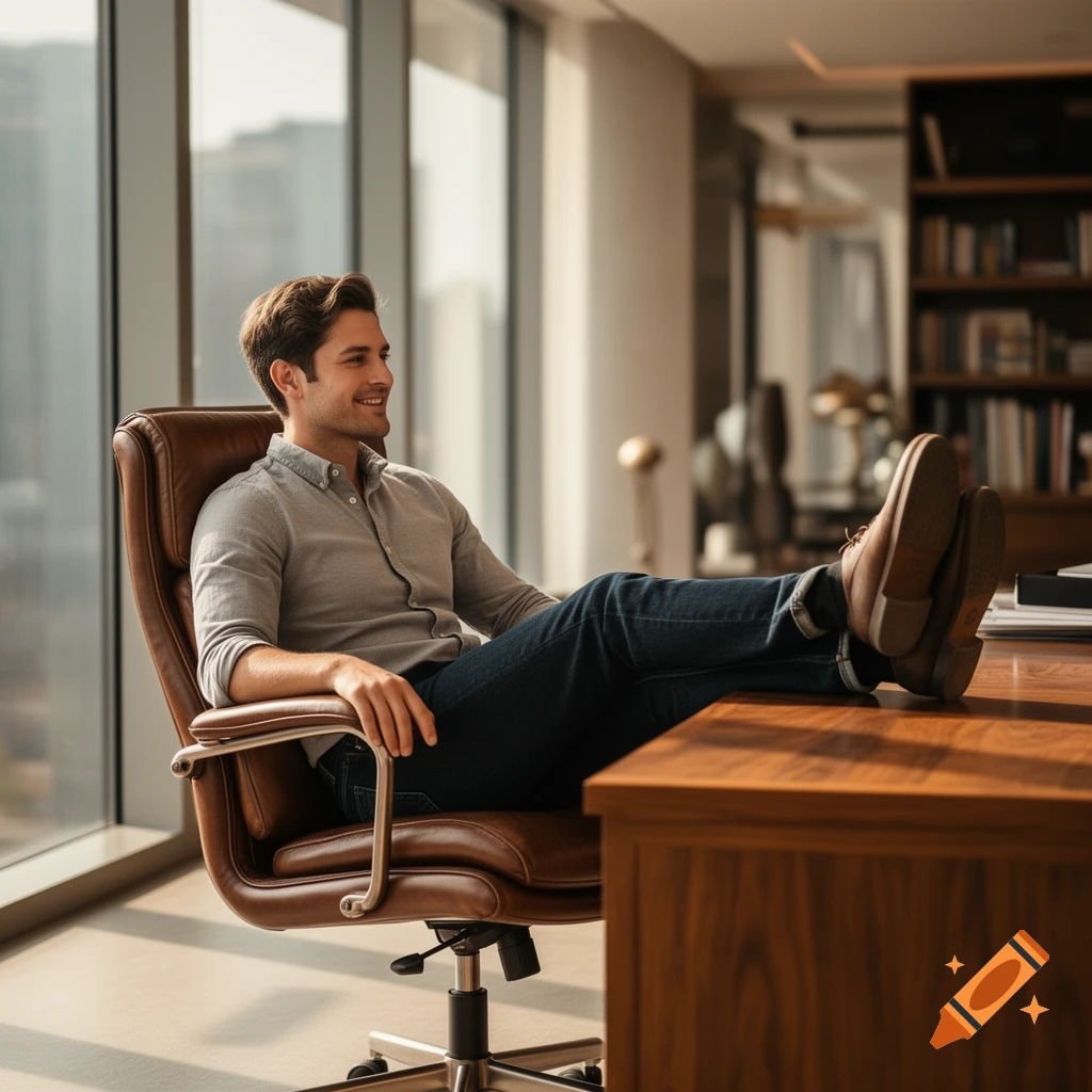 A smiling man relaxes in a brown leather office chair with his feet up on a wooden desk, in a bright office.
