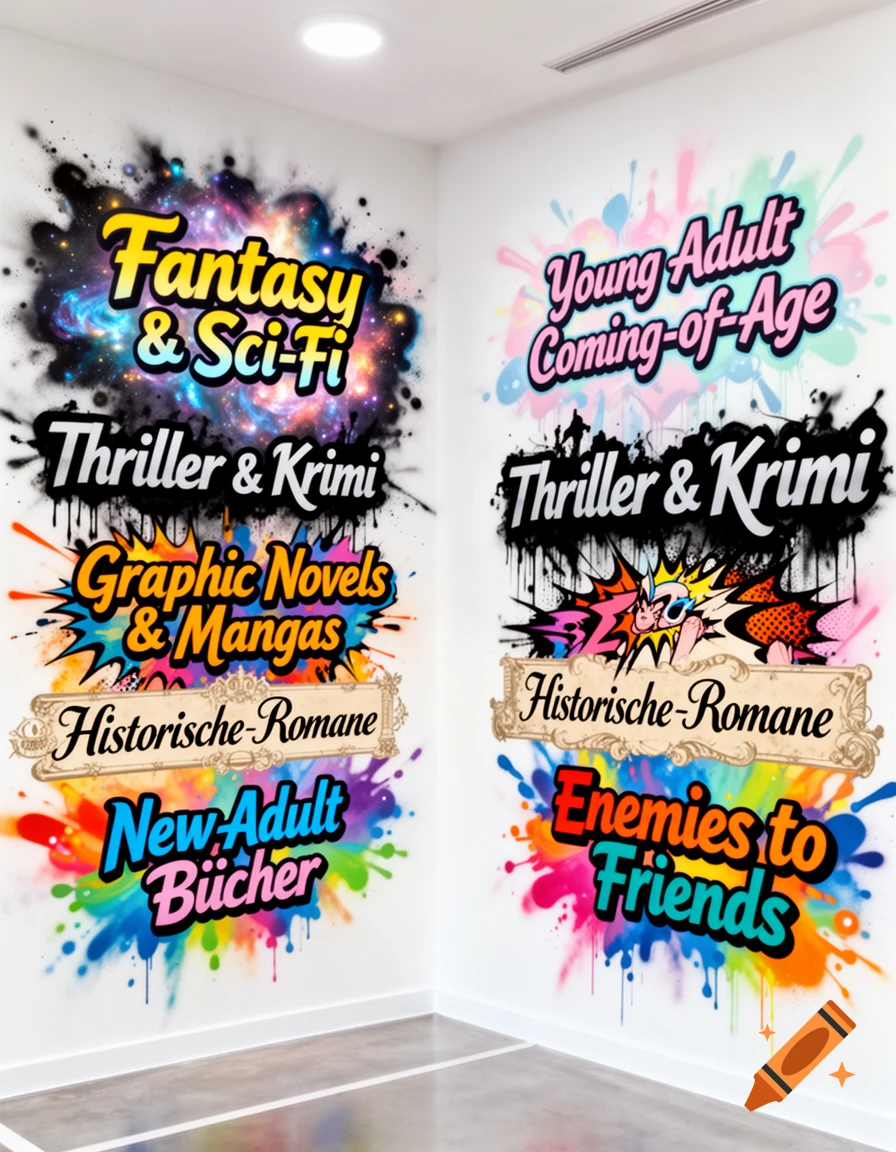 White library walls decorated with colorful, graffiti-style book category titles like 'Fantasy & Sci-Fi' and 'Young Adult Coming-of-Age' in a photorealistic style.