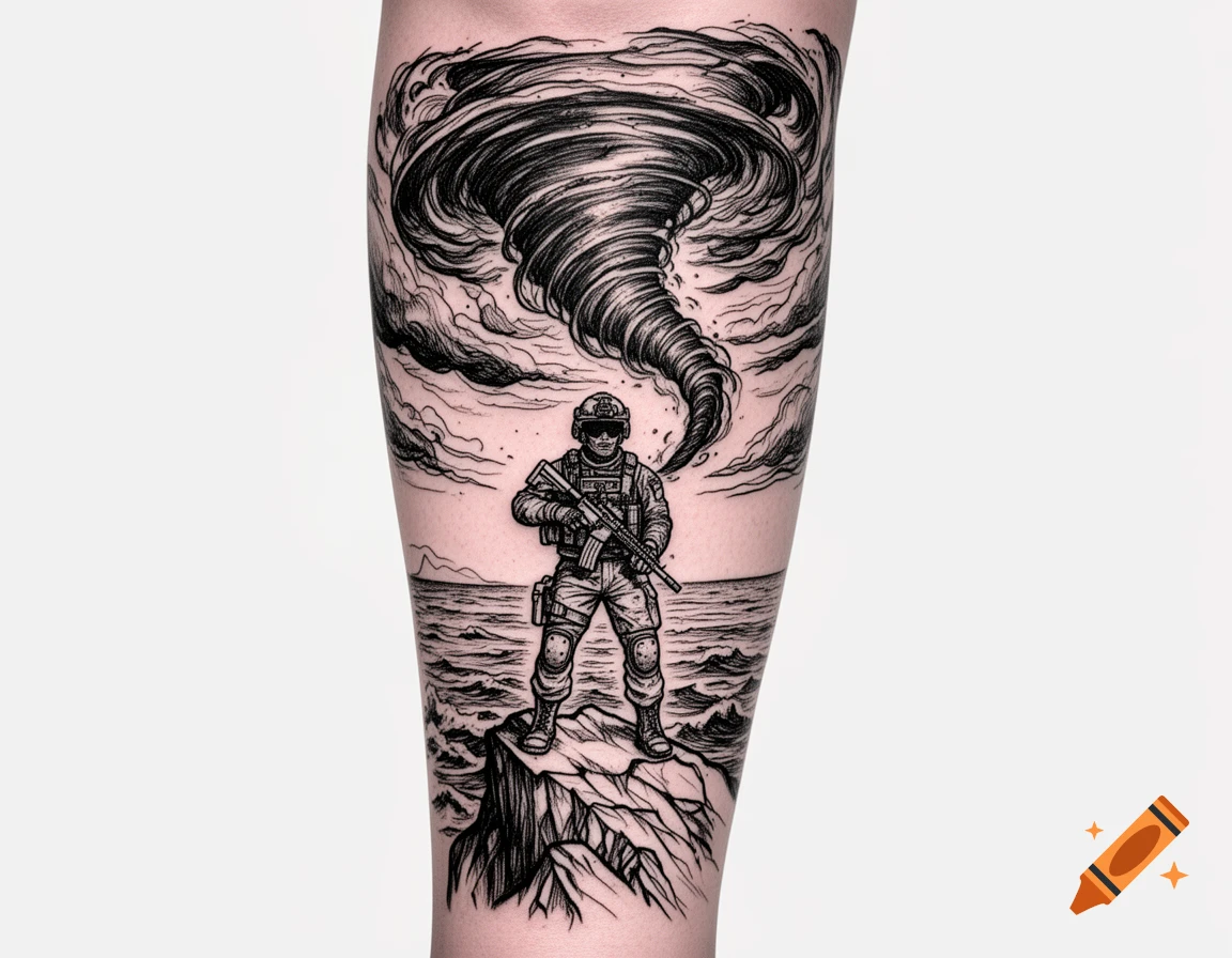 Fine line tattoo of a tactical soldier on a rocky cliff by the sea, holding a rifle, with a dramatic tornado storm overhead.