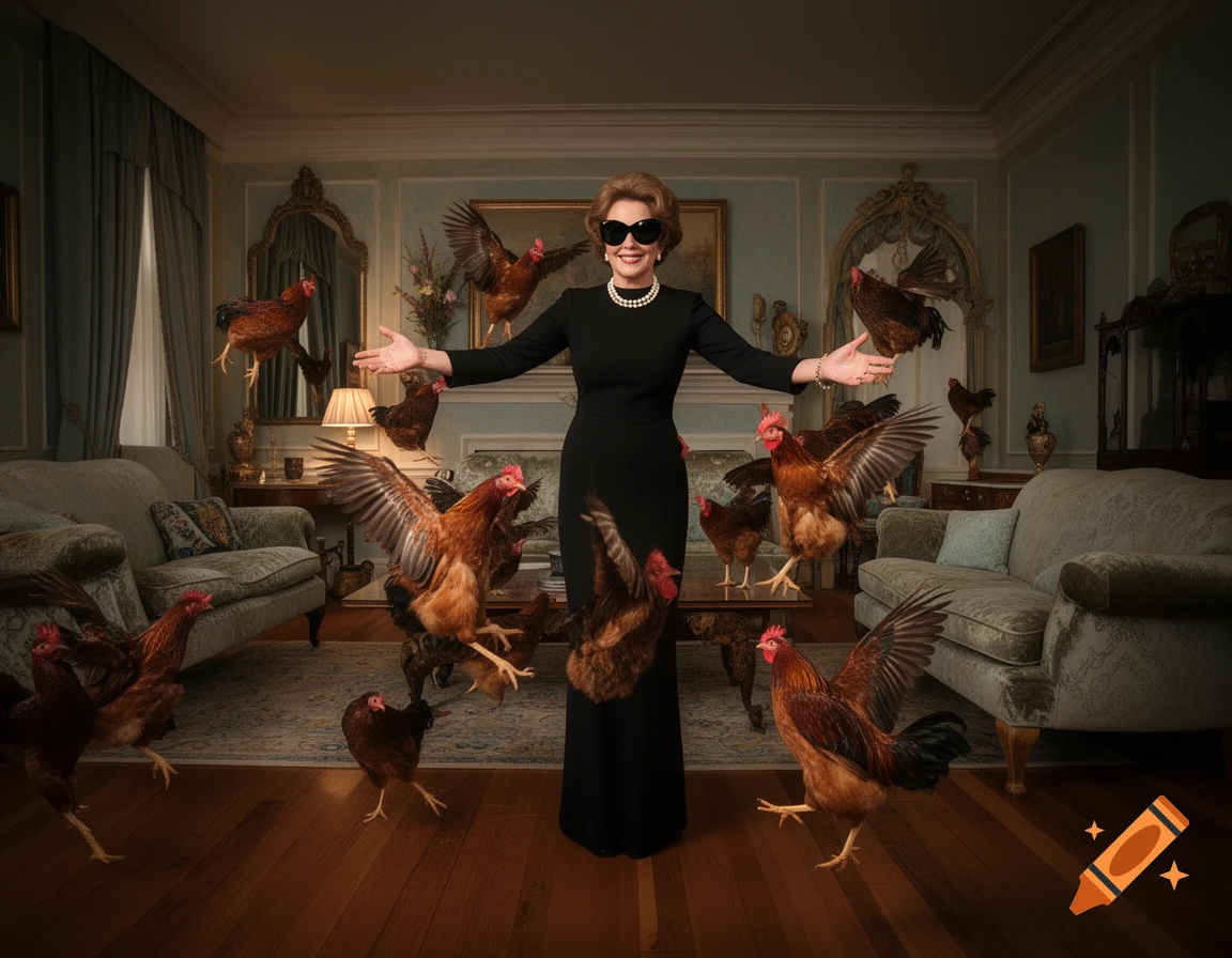 A stylish woman in a black dress and sunglasses smiles amidst flying and walking chickens in a luxurious living room. Photorealistic and humorous.