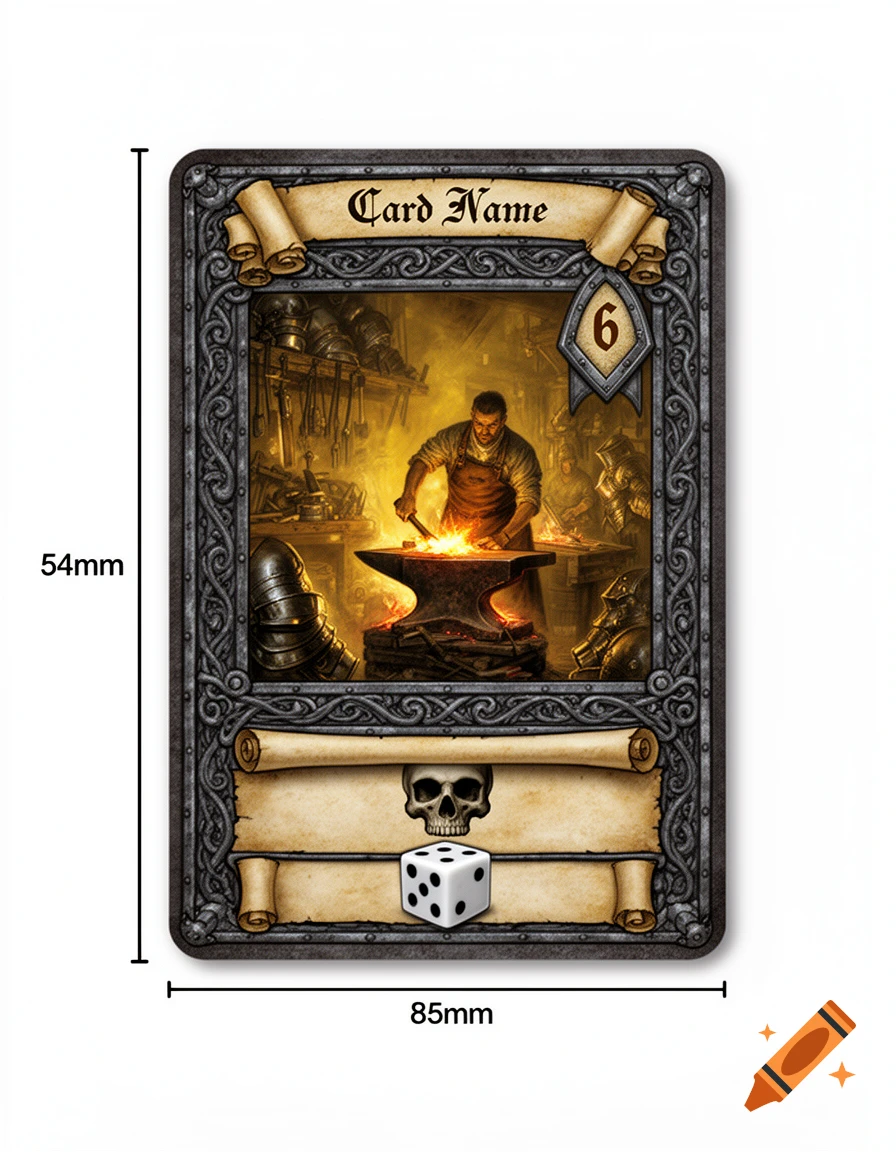 A fantasy board game card featuring a medieval blacksmith hammering glowing metal on an anvil. The card has a decorative frame, "Card Name" on a top scroll, a "6" in a banner, a skull on a bottom scroll, and a white die on another scroll.