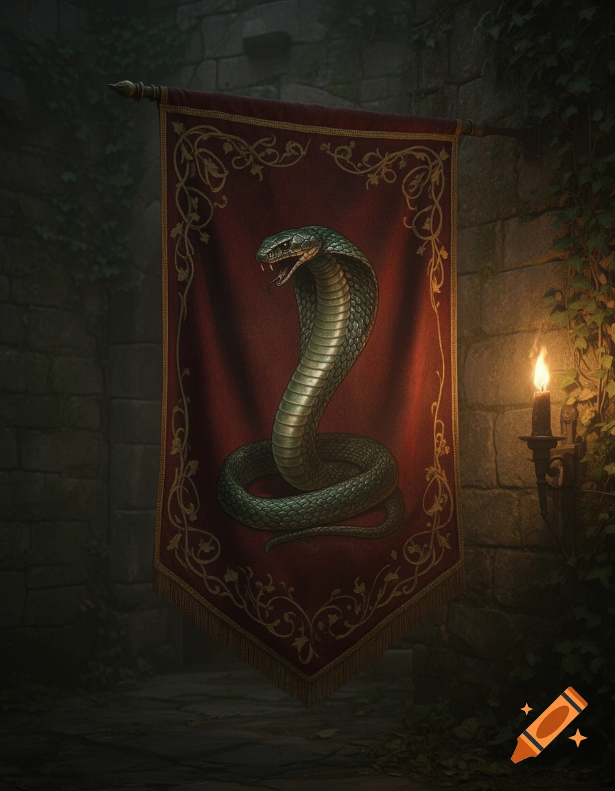 A detailed medieval banner with a coiled green cobra against a dark red background, hanging on a stone wall lit by a candle.