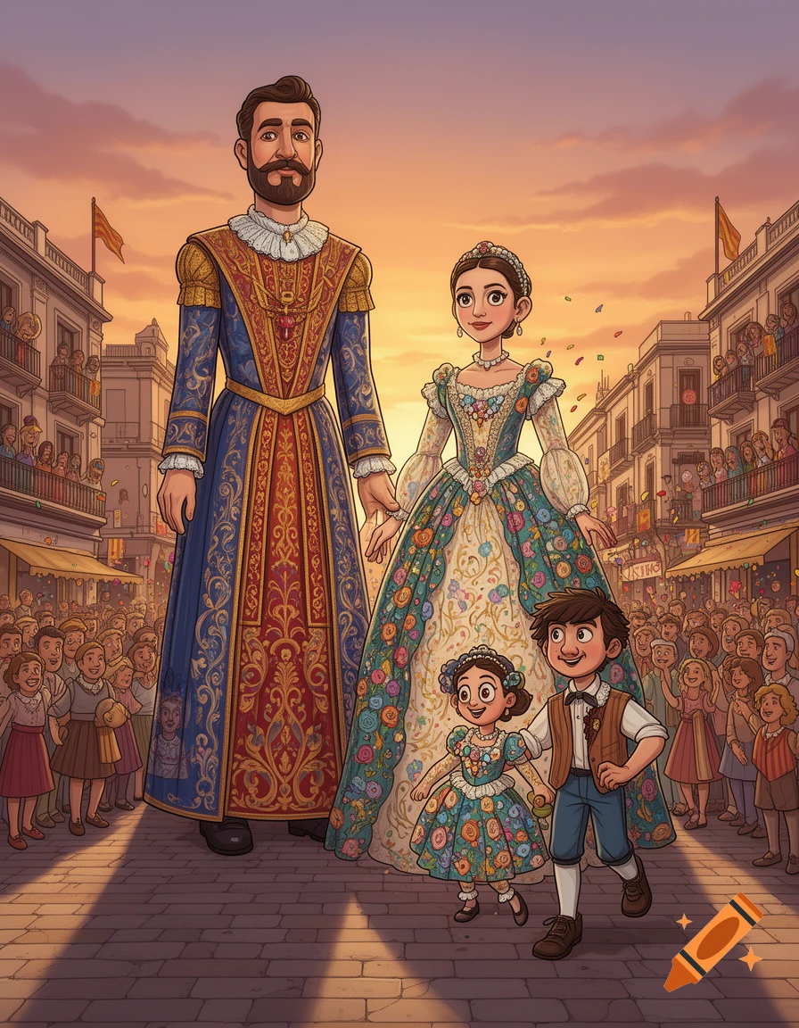 Cartoon illustration of a giant man and woman with two children leading a vibrant parade down a street filled with cheering crowds at sunset.