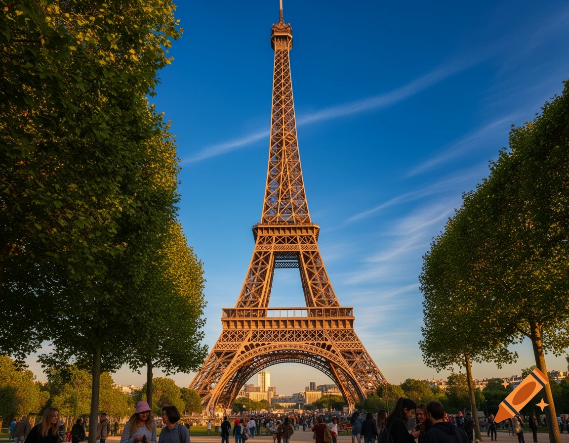 A photorealistic image of the Eiffel Tower in Paris, surrounded by trees and people at golden hour under a blue sky.