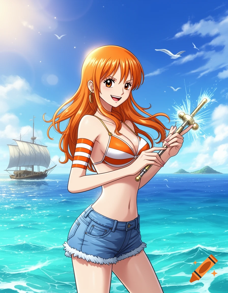 Anime girl Nami from One Piece on a sunny beach, wearing a bikini and shorts, holding a staff, with a pirate ship behind her.