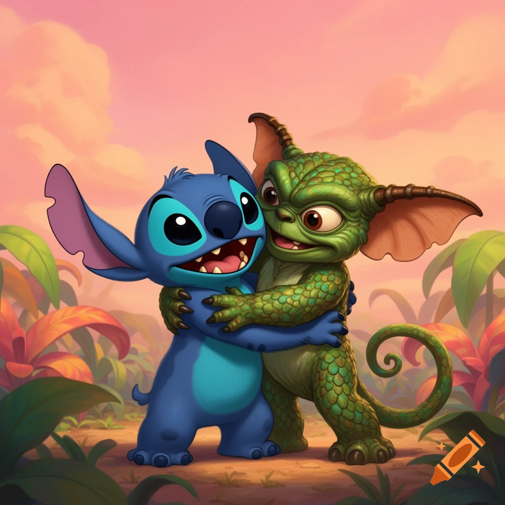 Stitch from Lilo and Stitch happily hugs a green gremlin in a vibrant, stylized jungle against an orange sky.
