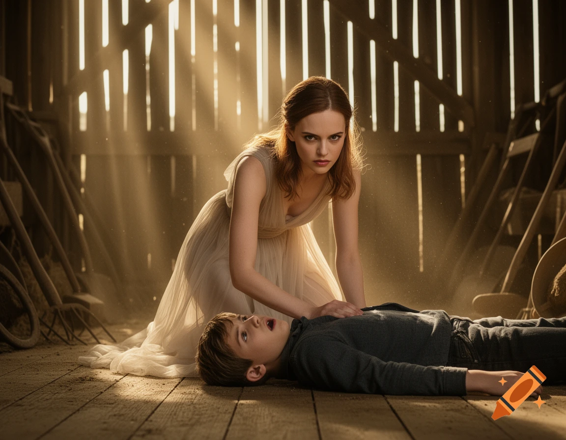 A woman in a light dress kneels over a boy lying on a dusty wooden floor in a sunlit barn, looking intense.