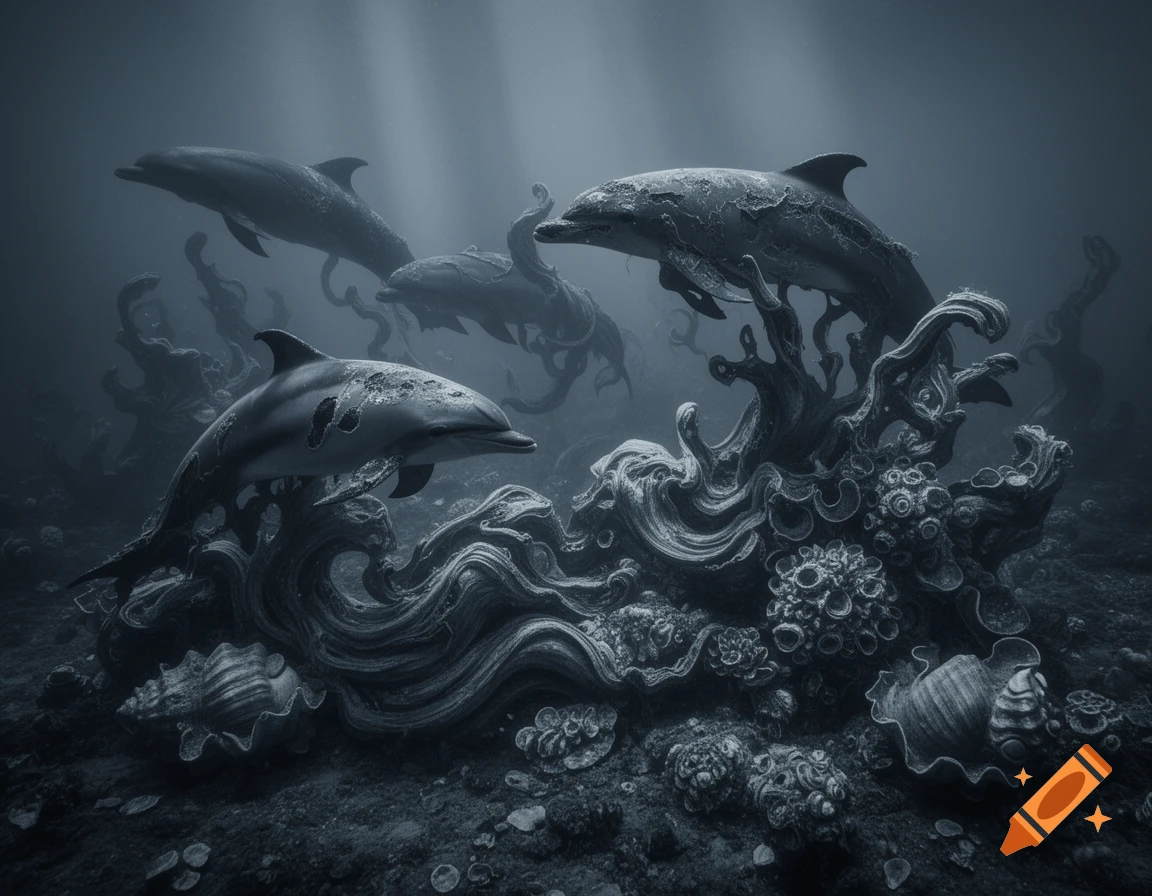 Dolphins intertwining with biomorphic corals and seashells in a dark, surreal underwater scene with light rays.