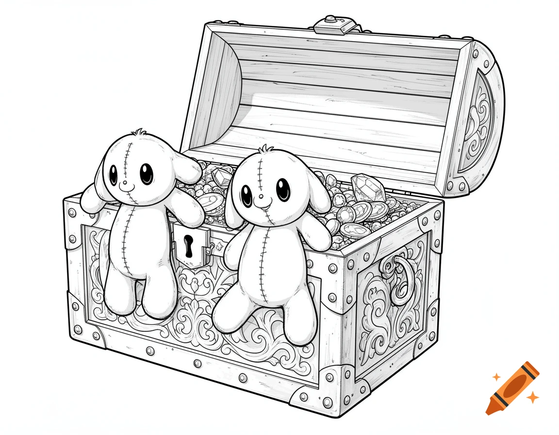 Black and white line art of two plush toys in an open treasure chest with coins and gems.