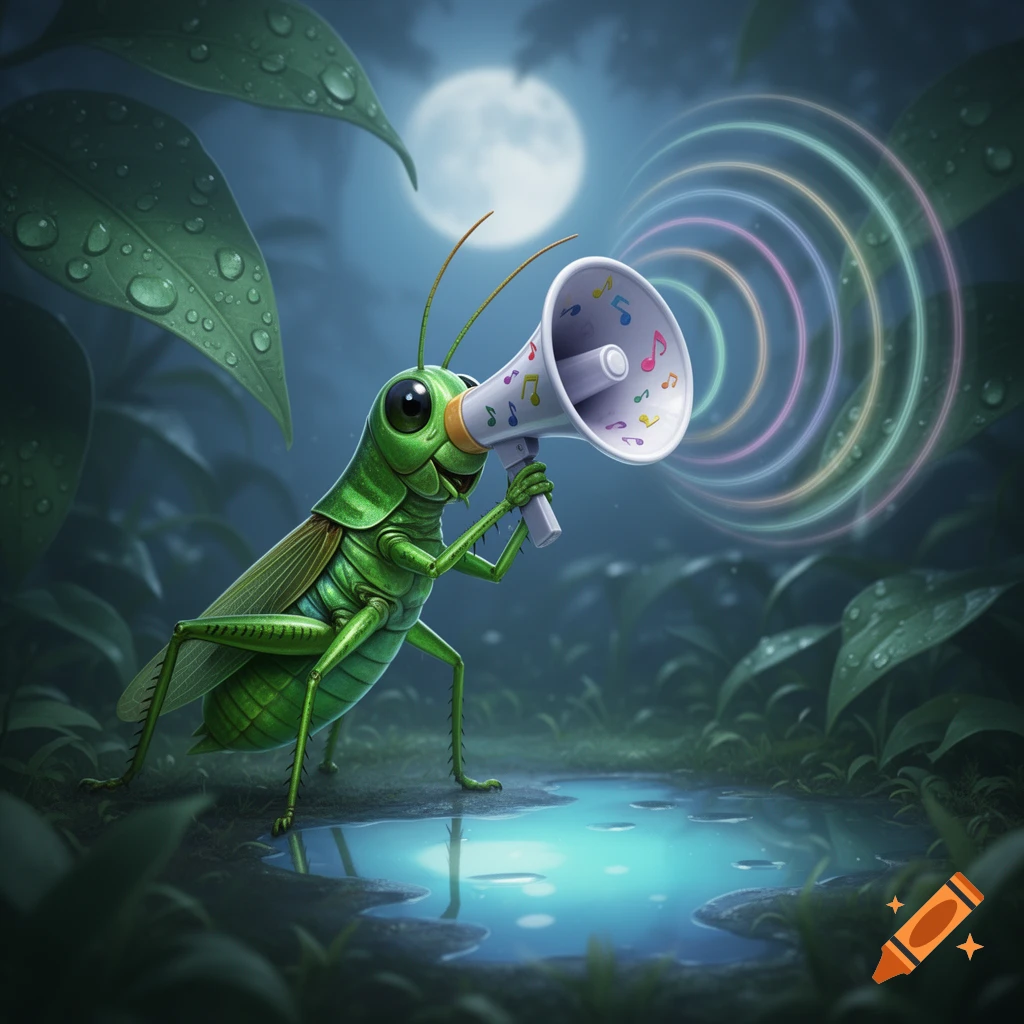 A cute green cartoon grasshopper holds a white megaphone with musical notes, emitting rainbow sound waves in a dark, moonlit forest puddle.