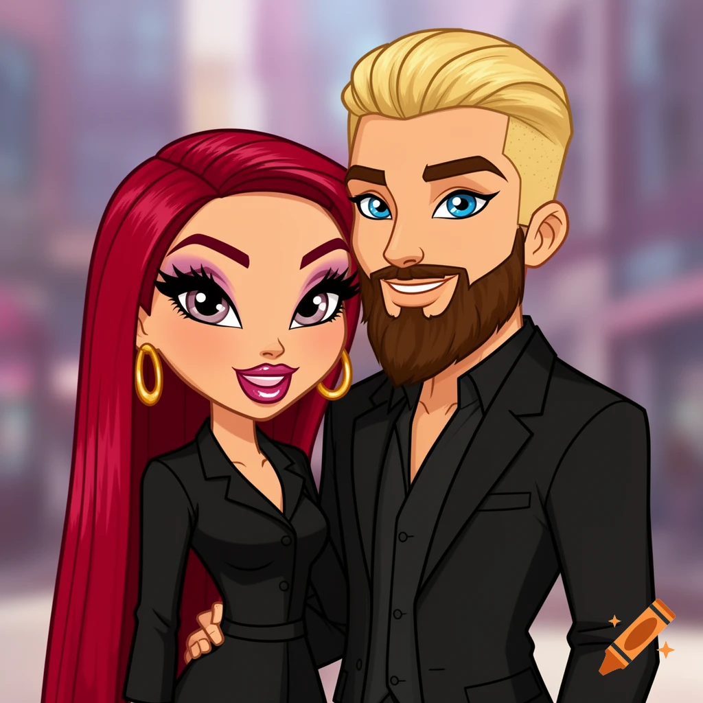 Bratz cartoon illustration of a smiling couple. Woman has long red hair, man has short blond hair and a beard. Both wear black outfits.