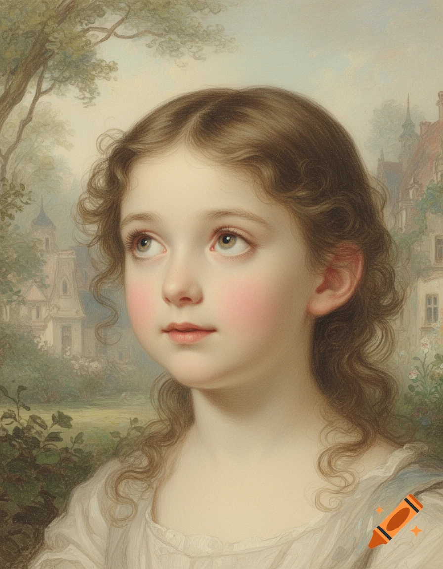 A classical painting portrait of a young girl with curly brown hair and rosy cheeks, looking up with a soft expression, set against a hazy background of trees and buildings.