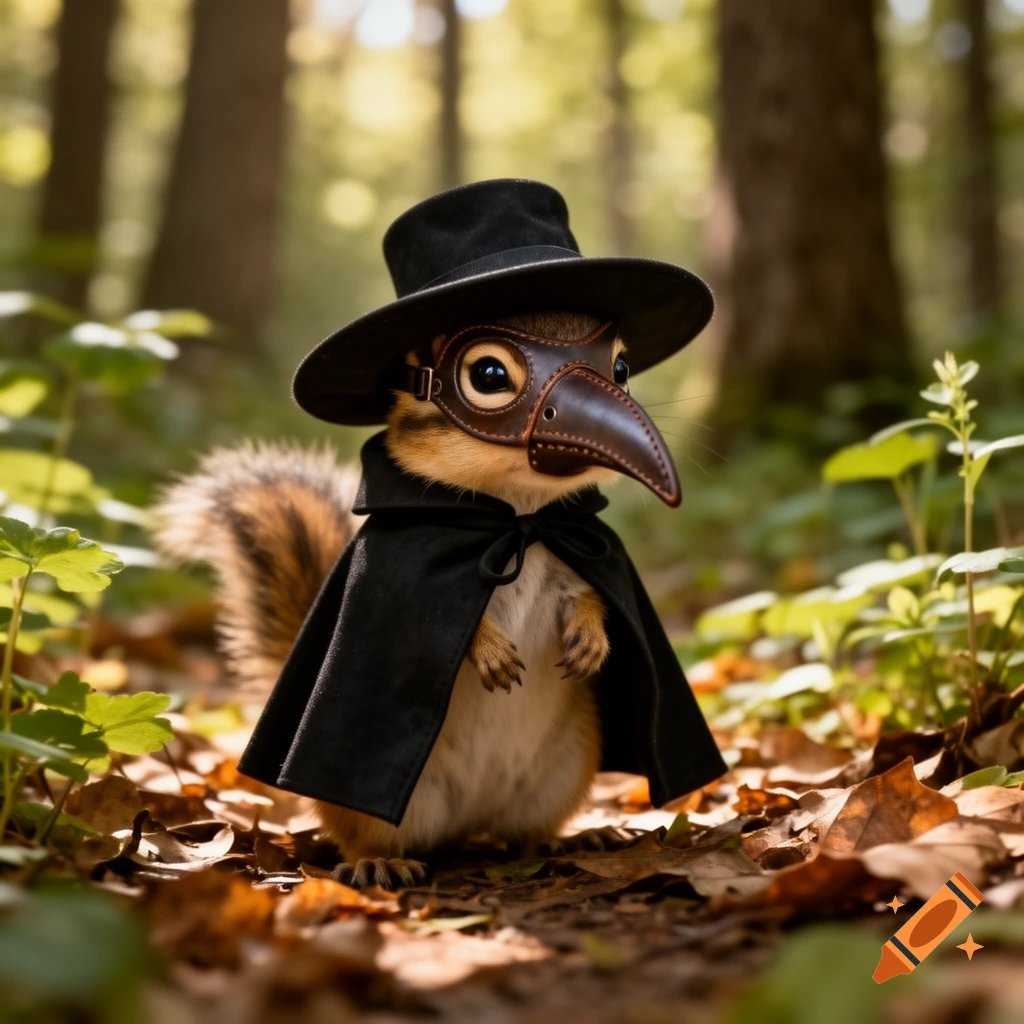 A photorealistic chipmunk dressed as a plague doctor, wearing a black hat, beak mask, and cape, standing on autumn leaves in a sunlit forest.