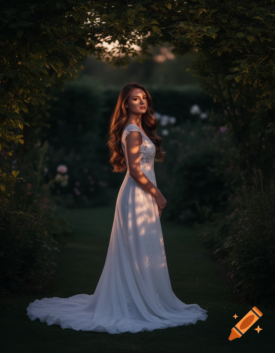 Photorealistic portrait of a woman with long brown hair in a white dress, standing in a lush garden under dappled sunlight.