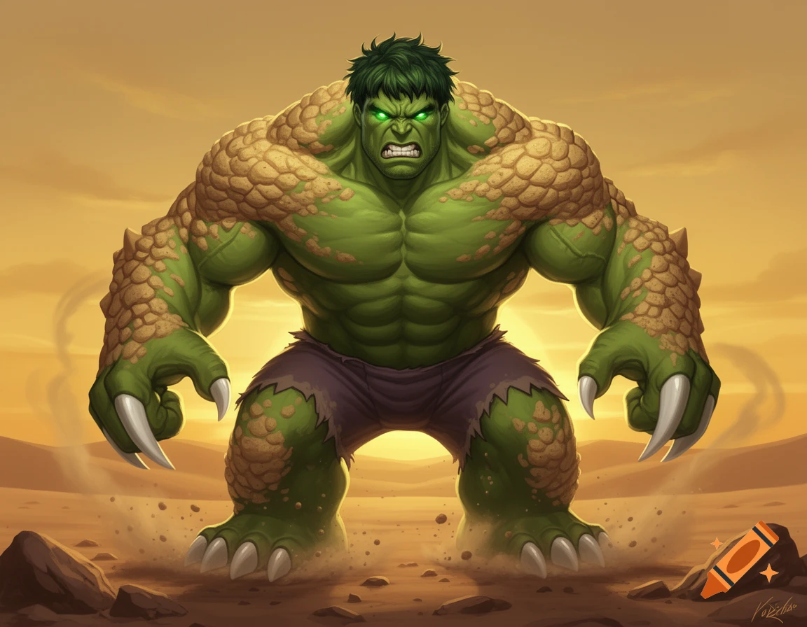 A muscular green creature resembling the Hulk, with scaly, armored skin and sharp claws, stands menacingly in a desert landscape.